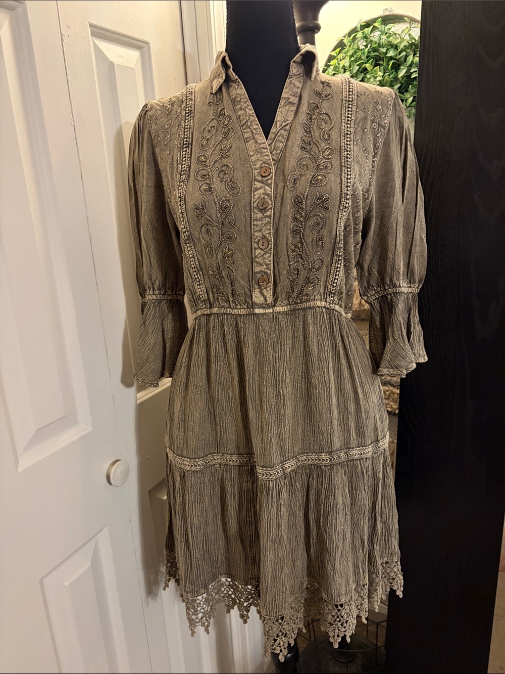 Young Threads Vintage Romance Stone-Washed Mini Dress in Gravel
